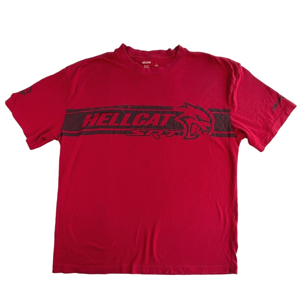 Hollister Dodge Hellcat SRT Graphic T-Shirt Mens Large Red Boxy Fit Cotton Tee